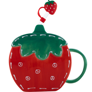 可爱草莓陶瓷杯子大容量带盖吸管水杯女生高颜值设计感小众马克杯
