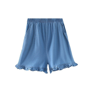 小猪班纳天丝牛仔花边短裤女夏季薄款松紧腰宽松大码可外穿家居裤