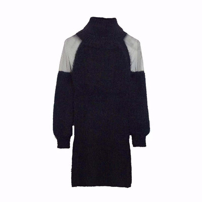 白色高领连衣裙女冬季2025新款韩版网纱拼接毛衣裙中长款针织衫女