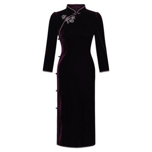 【商场同款】黛玛诗春秋款国风盘扣旗袍宴会礼服丝绒连衣裙女酒红