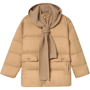 无谓2025年冬季新款女装加厚保暖宽松气质带针织披肩连帽羽绒服女