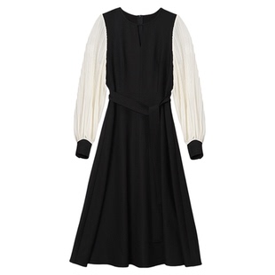 大洪洪【花与星辰】春款法式黑色系带连衣裙女高腰气质A字裙长裙