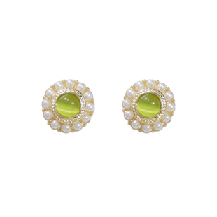 复古橄榄绿猫眼石珍珠耳钉耳饰女独特耳环轻奢高级感耳夹耳坠饰品