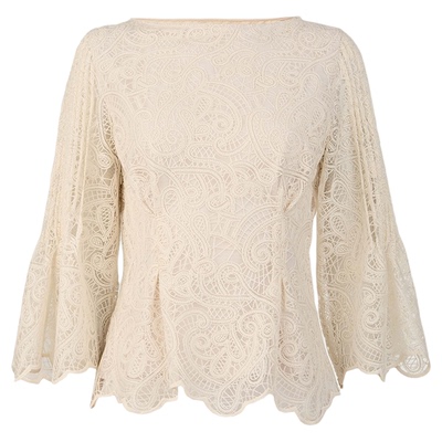 sdeer圆领镂空绣花喇叭袖衬衫