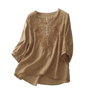 夏季新款复古洋气大码刺绣重工衬衫女士百搭显瘦V领套头衬衣T恤潮