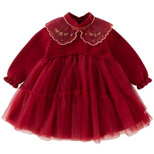 戴维贝拉儿童连衣裙2025女童新款中国风网纱加绒裙女A类秋冬裙子