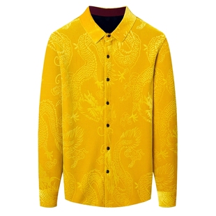 秋冬加绒男款男装金丝绒花衬衫男中年男士衬衣龙纹上衣红色潮爸爸