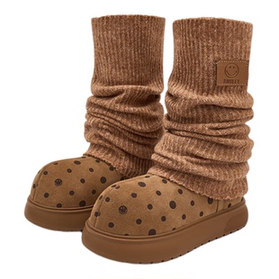 【张小婉同款】SMILEY笑脸驼色保暖女增高加绒波点袜套堆堆雪地靴