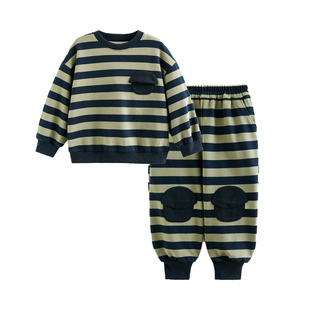 砚台家男童A类黑白条纹休闲套装春款灯笼裤儿童卫衣长裤两件套潮