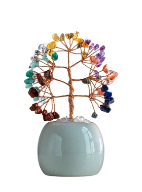 陶瓷花盆七彩水晶发财树摆件