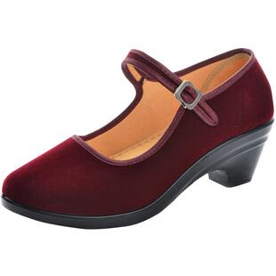 珍源祥老北京布鞋女工作鞋黑粗跟中跟单鞋红色礼仪酒店广场舞女鞋