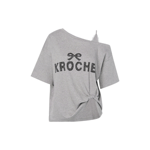 Kroche 26ss 舒适棉质 法式蕾丝logo印花 扭结露肩宽松短袖T恤