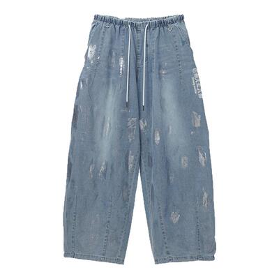 CBXLAB街舞潮牌蓝色烫银嘻哈牛仔长裤夏季薄款爵士复古跳舞休闲裤