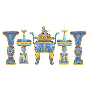 北京珐琅景泰蓝佛具纯手工紫铜异形胎方形大五供香炉佛前大殿摆件