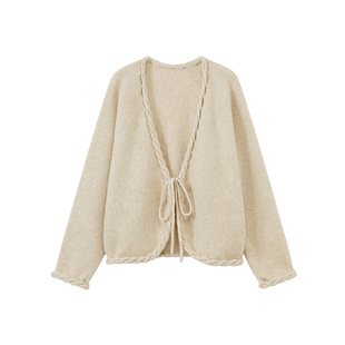 CROWNLESS未冕26春季软糯牦牛绒羊毛纱 松弛弧形麻花边系带短开衫