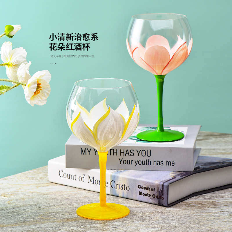 法兰晶手工手绘花朵玻璃高脚杯红酒杯小清新彩绘杯葡萄酒杯家用