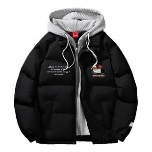 查尔斯桃心腊肠狗印花假两件羽绒服男女冬季连帽短款休闲加厚外套