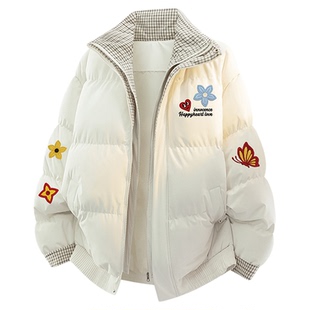 查尔斯桃心棉衣男女同款冬季情侣美式花卉假两件格纹面包棉服外套