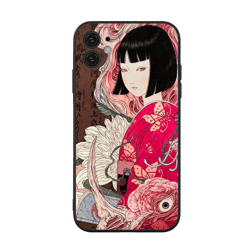 山本高远传统日式平成浮世绘少女前卫全包手机壳适用iPhone14/15promax液态硅胶钢化玻璃全包镜头防摔华为