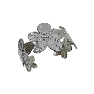 atmshop银色小众复古宽版纹理花朵开口手镯高级小众个性气质手环