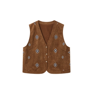 时然大码女装麂皮绒绣花马甲25秋季新款微胖mm波嬉风v领开衫上衣