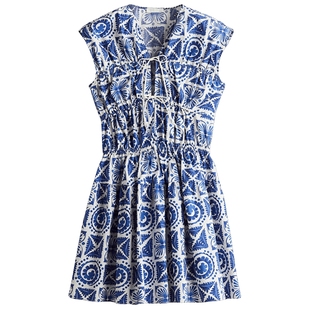 HM女装连衣裙冬季收腰V领抽绳装饰府绸设计感碎花裙1293958