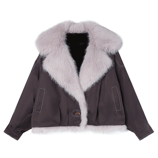 白鹿语复古机车大毛领仿皮草外套25秋冬新款设计感加厚保暖夹克
