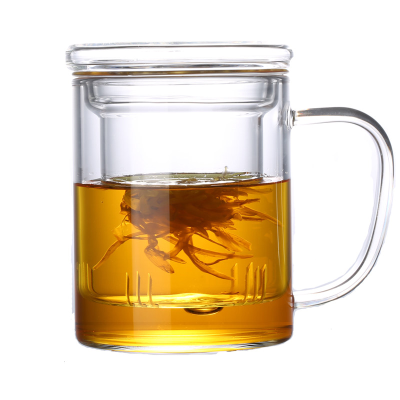 加厚耐热玻璃杯绿茶杯办公水杯花茶杯带把盖过滤男女泡茶家用杯子
