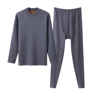 三枪保暖内衣男士双层羊毛加绒加厚中领秋衣秋裤中老年保暖套装