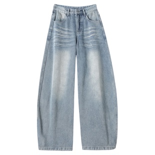 浅蓝色加绒加厚阔腿弯刀牛仔裤女2025新款冬高腰垂感设计感直筒裤