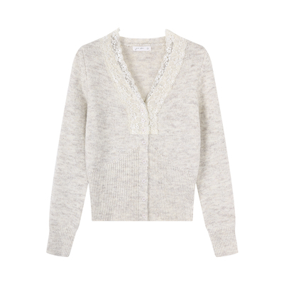 高知miu系蕾丝花边V领羊毛针织毛衣开衫外套女秋新款长袖百搭上衣