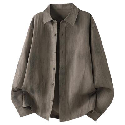 老钱风条纹棉麻宽松翻领衬衫男