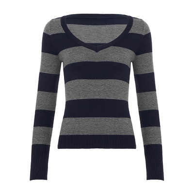 美式复古深蓝色V领长袖毛织上衣