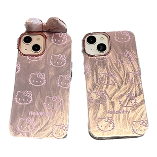粉色羽纱HelloKitty蝴蝶结适用苹果16promax手机壳iphone14女款15pro新款13可爱高级女生12软边硬壳pro防摔11