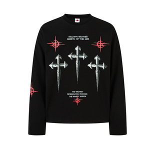 奶尤大大美式重磅暗黑风十字架印花华夫格长袖T恤男百搭打底衫