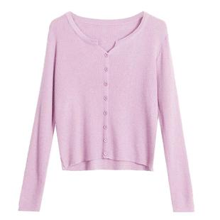 紫色针织开衫女薄款外搭长袖打底衫夏季空调衫小个子正肩短款上衣