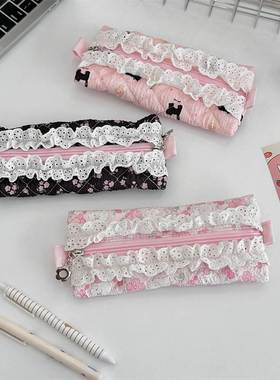 52203蕾丝花边少女绗缝颜大容量铅笔盒笔袋便携收纳袋值文具高