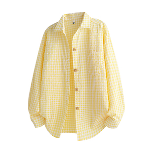 拉夏贝尔多巴胺格子长袖衬衫秋季趣味纽扣设计泡泡纱衬衣外套男女