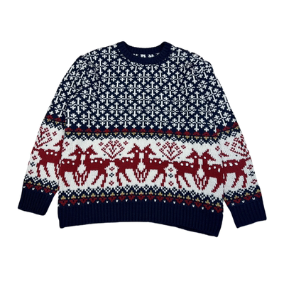 复古撞色费尔岛小鹿提花套头毛衣