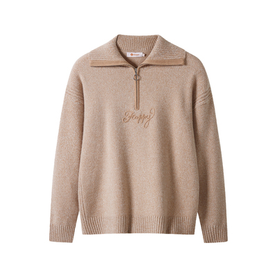 皮皮狗大翻领盘带绣半拉链羊绒衫