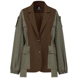 曼德诗绵羊毛短外套2026春季新品抽绳收腰设计感复古格纹拼接西装