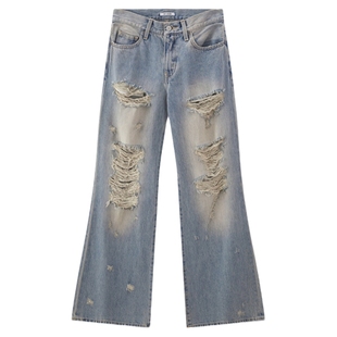 SLY24冬季新品个性磨损破洞阔腿裤低腰牛仔裤女030HAZ11-0401