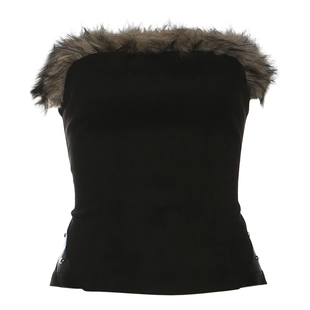 怪诞女孩 野蛮部落 棕毛拼接绑带修身抹胸配饰毛绒腰带半身裙套装