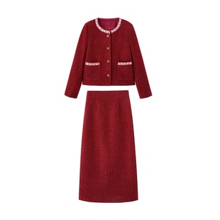 红色小香风羊毛套装裙女2025冬装新款新娘回门服敬酒服毛呢两件套