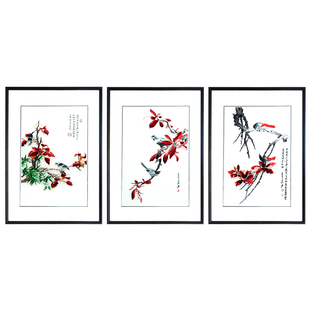 苏州刺绣手工客厅玄关过道装饰画成品三联组合画鸟语花香精品蚕丝