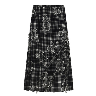 CUBIC约克蜜饼 复古秋冬重工植绒印花百搭黑格纹直筒半裙DS6014