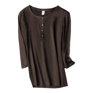 长袖t恤女春装洋气七分袖圆领针织打底衫内搭体恤设计感修身上衣