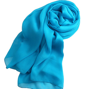 水蓝色纯色真丝丝巾女桑蚕丝丝绸围巾披肩长款夏春秋冬季杭州百搭