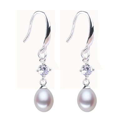 925纯银天然珍珠耳环水滴形粉紫