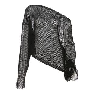 女团kpop打歌服黑色网纱斜肩露肩长袖T恤女宽松百搭甜辣jazz上衣